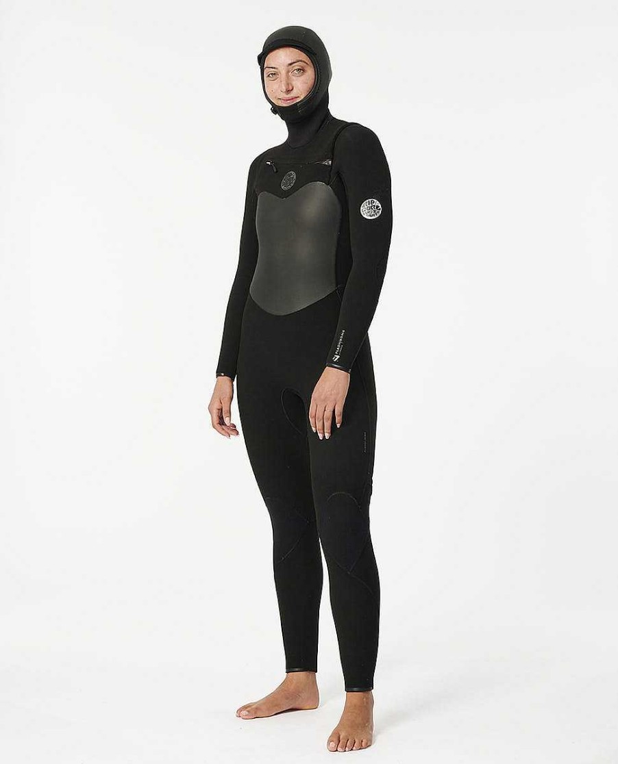 Women Rip Curl Fullsuits | Women'S Flashbomb 6/4 Hooded Chest Zip Fullsuit Wetsuit Black