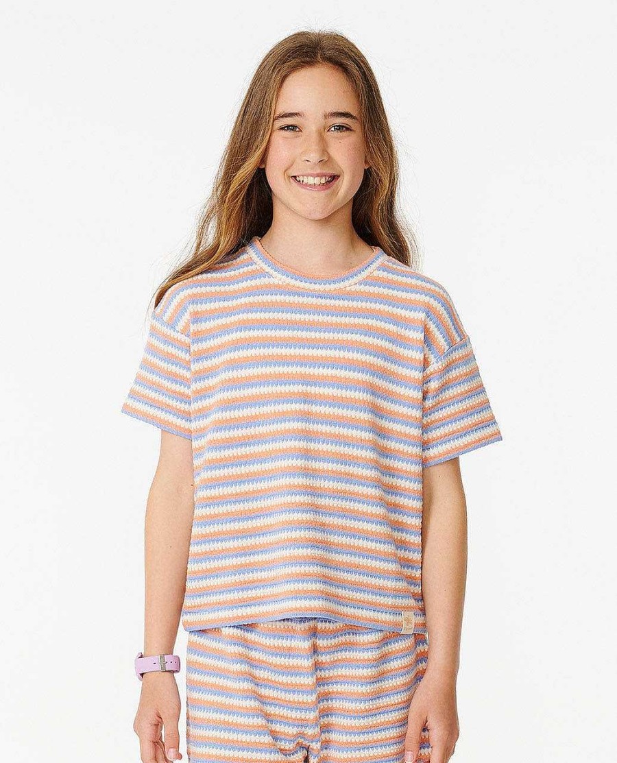 Girls Rip Curl Tops & Tees | Sun Stripe Knit Tee - Girls (8-14 Years) Mid Blue