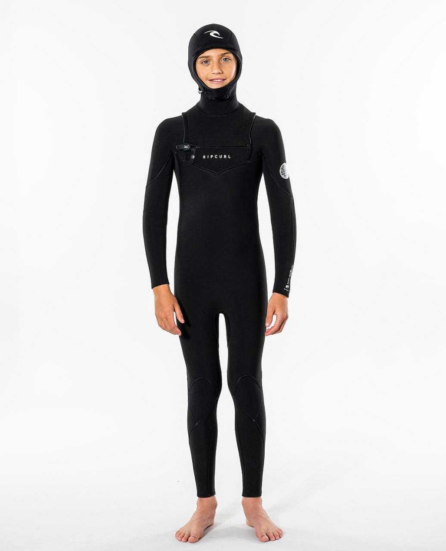 Kids Rip Curl Fullsuits | Junior Dawn Patrol 5/4 Hooded Chest Zip Wetsuit Black