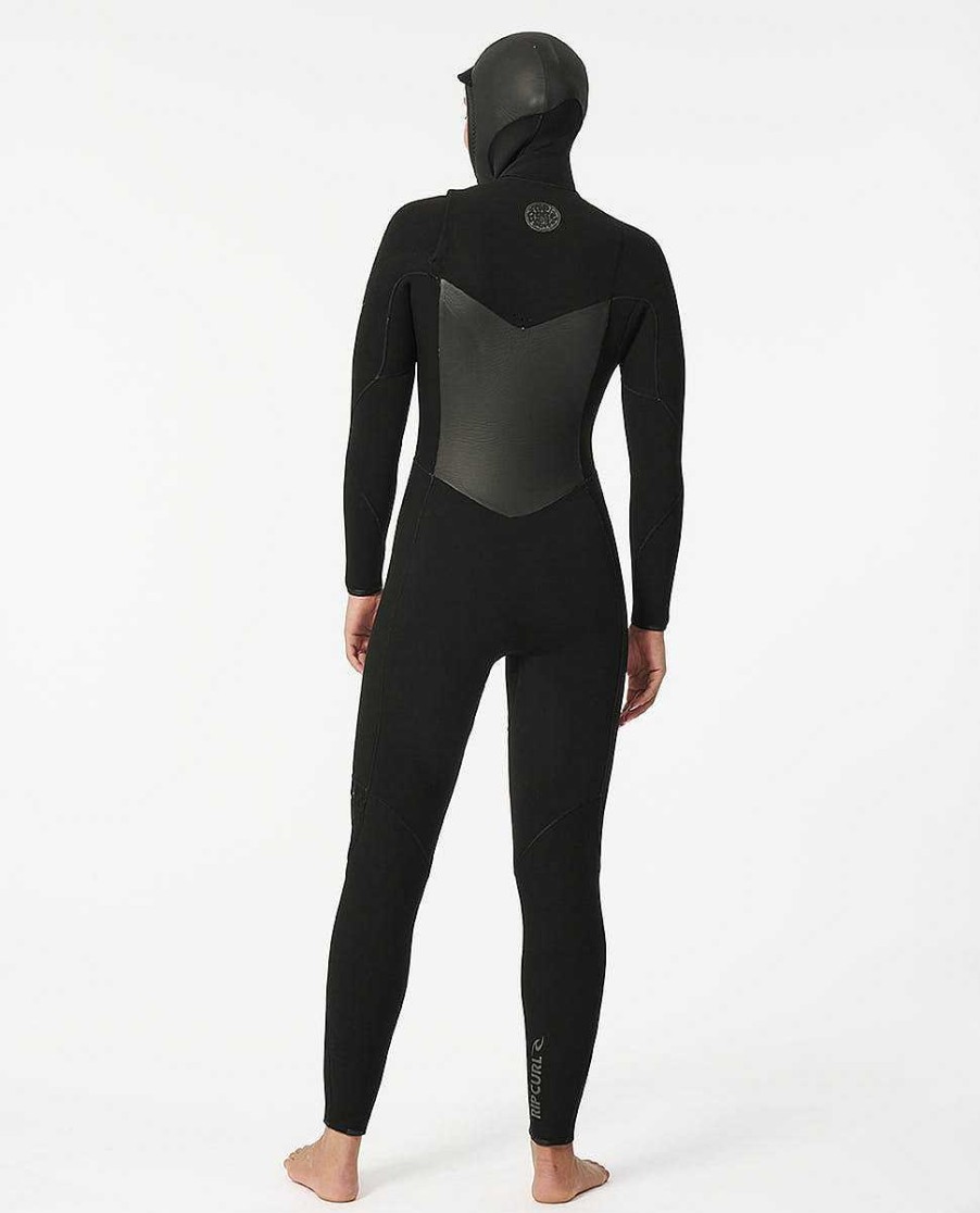 Women Rip Curl Fullsuits | Women'S Flashbomb 6/4 Hooded Chest Zip Fullsuit Wetsuit Black