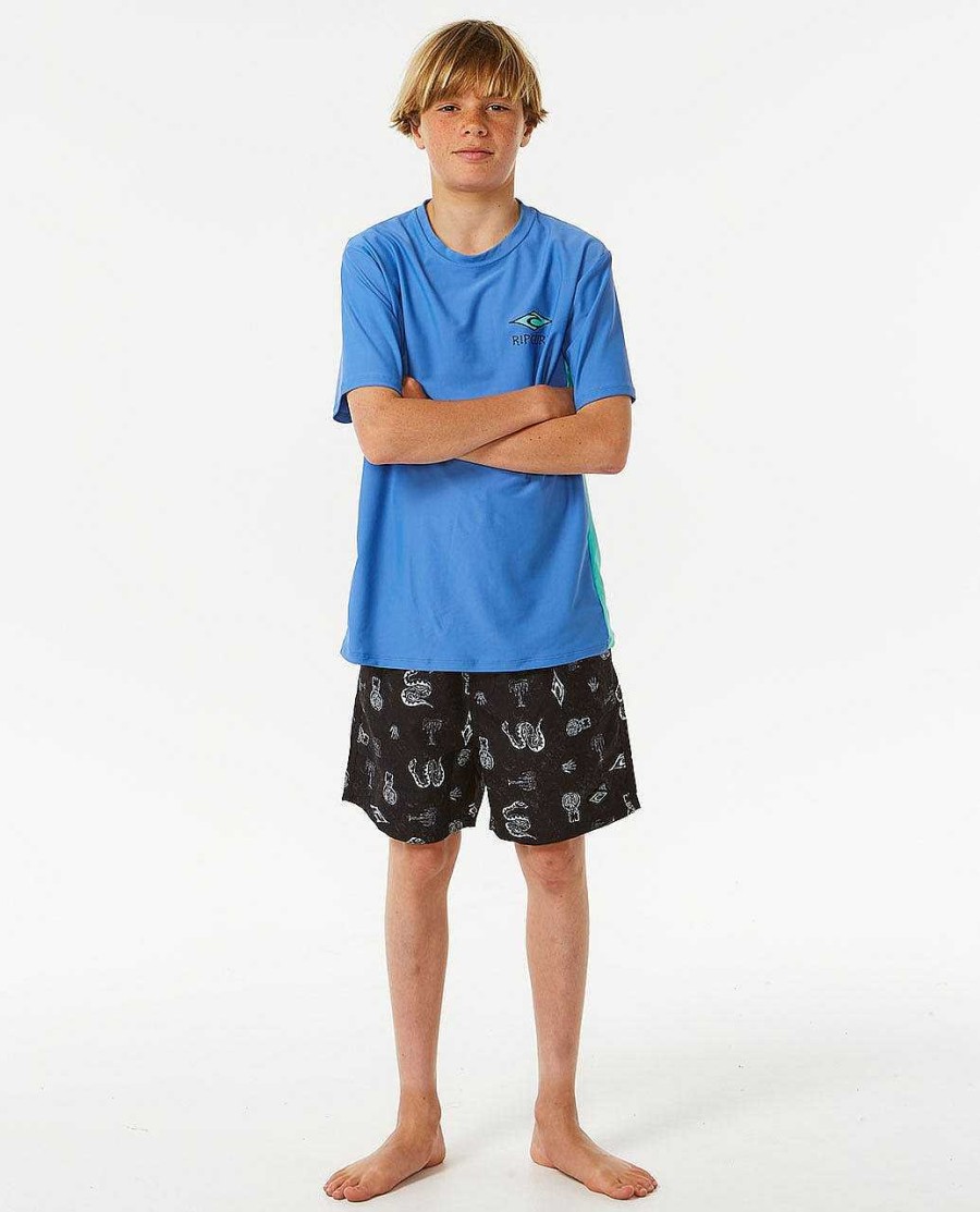 Kids Rip Curl Rash Guards & Vest | Lost Island Logo Upf50+ Short Sleeve - Boys (8-16 Years) Blue Yonder