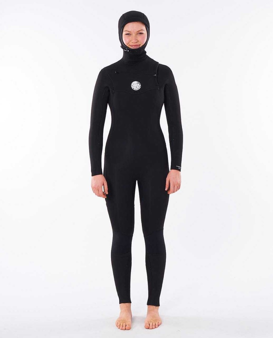 Women Rip Curl Fullsuits | Women'S Dawn Patrol 5/4 Chest Zip Hooded Wetsuit Black