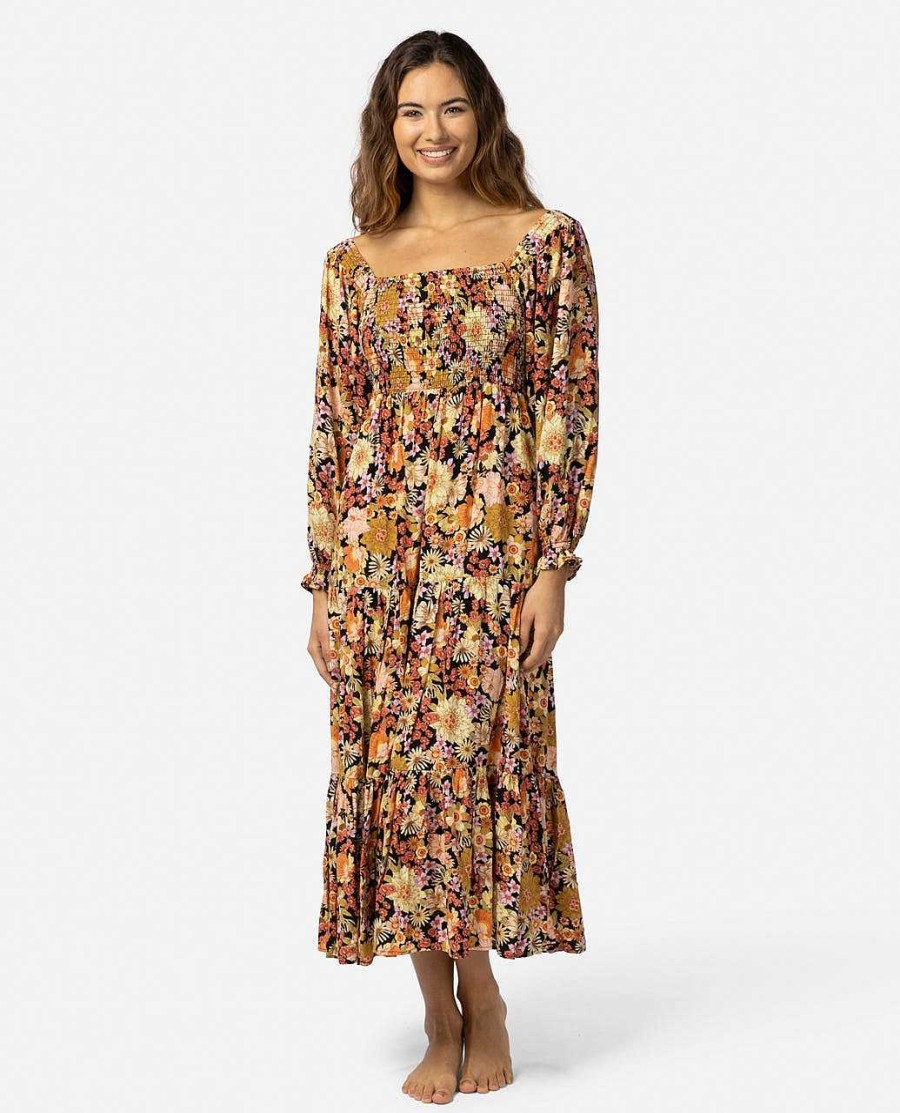 Women Rip Curl Dresses & Rompers | Mystic Floral Long Sleeve Maxi Black