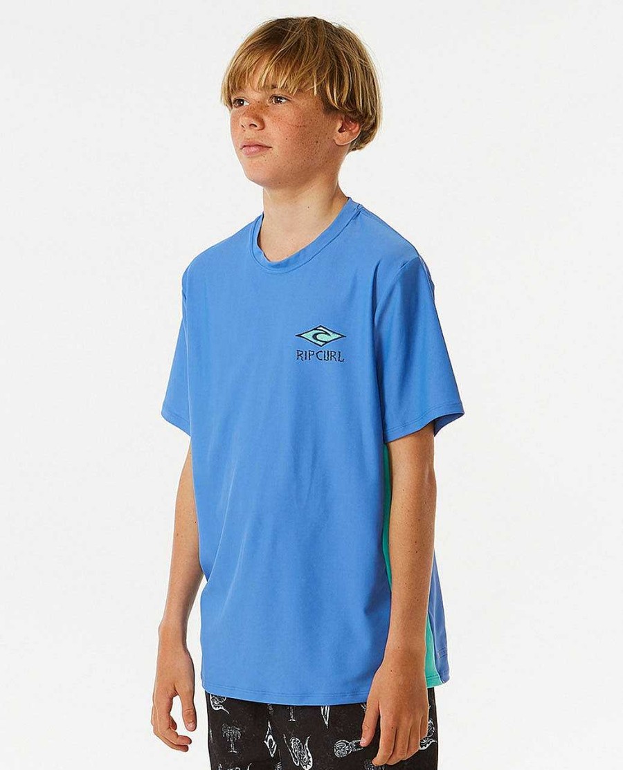 Kids Rip Curl Rash Guards & Vest | Lost Island Logo Upf50+ Short Sleeve - Boys (8-16 Years) Blue Yonder