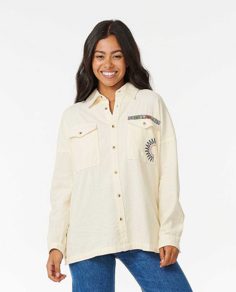 Women Rip Curl Jackets | Pacific Dreams Embroidered Shacket Bone