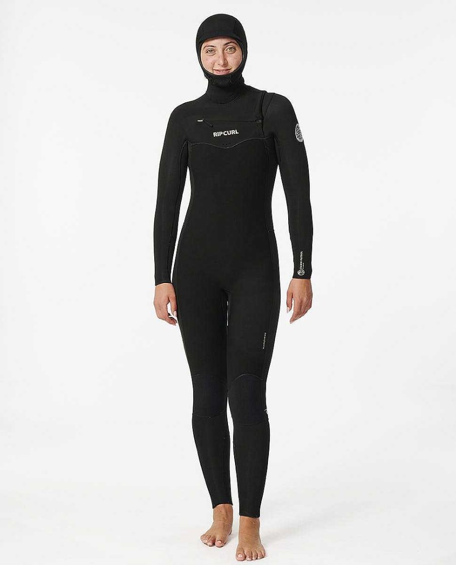 Women Rip Curl Fullsuits | Women'S Dawn Patrol 5/4 Hooded Chest Zip Fullsuit Wetsuit Black