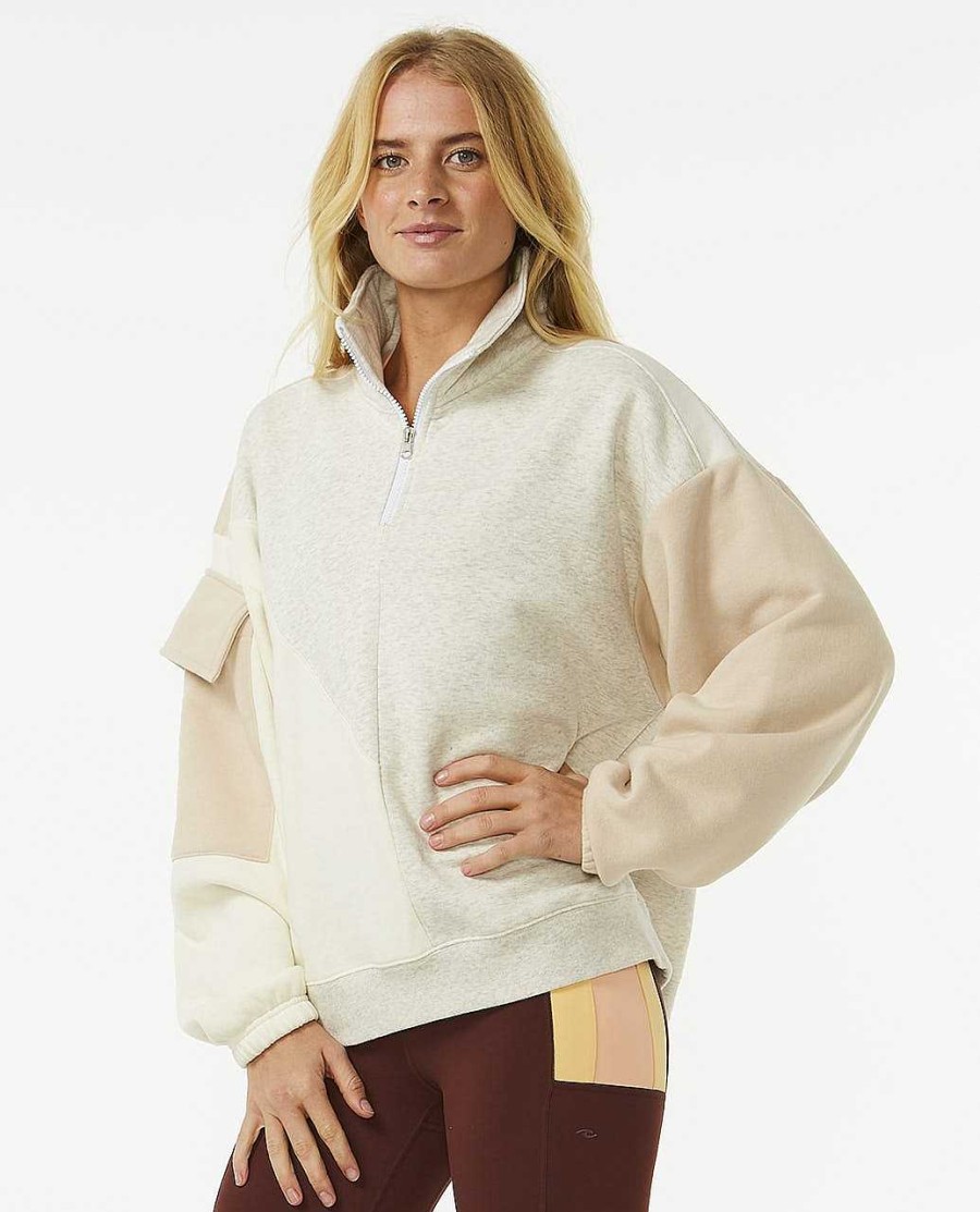 Women Rip Curl Hoodies & Fleece | Run Swim Surf Oversized Spliced Zip Through Natural